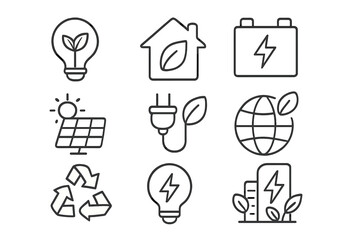 Green energy and ecology line icon set. Vector collection of energy saving symbols. Renewable resource, electricity, solar panel, recycle sign, eco house, lightbulb, battery.