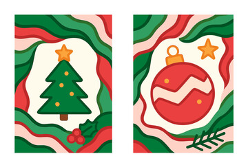 Merry Christmas card template set. Modern abstract groovy design with wavy lines. Vector background with tree, ball ornament, star. Happy New Year poster, banner collection.