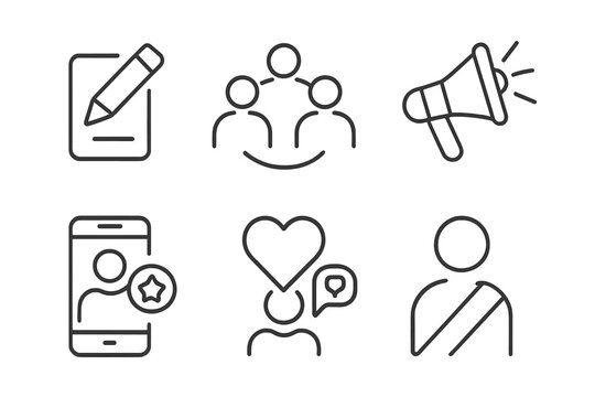 Influencer marketing line icon set. Social media content creation, community management, brand promotion and ambassador program vector pictograms for web and mobile app UI.