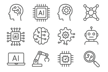 Pack of Minimalistic Linear AI Icons, Editable Stroke Technology Symbols, Artificial Intelligence Brain, Robot, Chip, Machine Learning, Circuit, Computer, Automation, Digital Design Elements