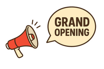 Megaphone with grand opening speech bubble. Loudspeaker for business, marketing, and advertising. Banner for promotion, announcement and celebration of a new store launch.