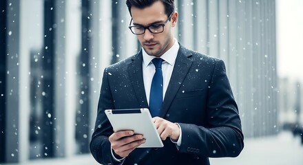 Businessman using tablet in snow winter suit