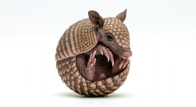Curious young armadillo tightly rolls into a defensive ball showing natural instinct in bright studio light. AI Generated