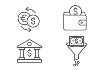 Finance thin line icon set. Money exchange, bank, wallet, currency conversion, sales funnel. Vector outline symbols for banking, investment, payment, cashback, ROI concept.