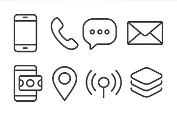 Mobile phone web icons collection in thin line style. Vector set with smartphone, call, chat, mail, payment, and location pin for UI, UX, app and web design.