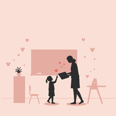 Teacher and child reading book with heart shapes in classroom.