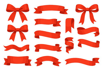 Vector set of red ribbons and bows. Isolated silk banners for Christmas gifts, sale tags, and corner decorations. Realistic satin label and sticker shapes collection.