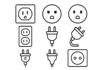 Power outlet and plug line icon set. Editable stroke vector icons. Electricity, socket, and connection symbols for web and app design. US and EU wall outlets. Minimalist pictograms.