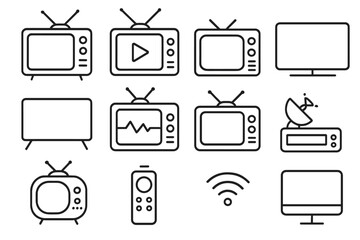 Television line icon set with editable stroke. Big vector collection of TV symbols. Minimalist pictograms for media, streaming, entertainment, web design, apps, and banners.