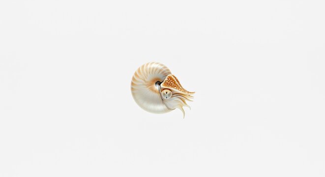 Living chambered nautilus slowly emerges from its exquisite spiral shell showing delicate tentacles on a stark white scene. AI Generated - Powered by Adobe