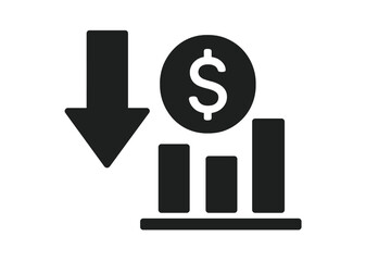 Cost reduction icon. Price drop and budget cut symbol. Financial crisis and recession concept. Lower profit, market crash, and economic downturn graph. Sales decline vector.