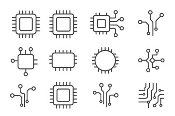 Minimalistic Linear Icon Set of Microchips and Circuit Schemes, Editable Stroke Vector Pictograms for Technology, Electronics, Apps, Banners, UI Design, and Digital Devices