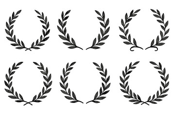 Set of black laurel wreaths. Vintage hand drawn vector frames and branches. Decorative leaves collection for award, victory, and success. Ornate icon, emblem, and logo element.