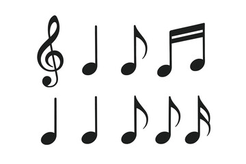 Set of black musical notes vector icons. Music elements collection with treble clef for score notation. Sound, song, and melody symbols. Isolated flat design illustration.