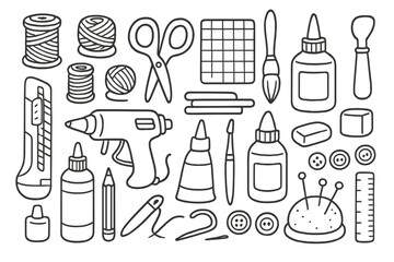 Fototapeta premium DIY crafts tools and supplies line art set. Vector cartoon illustration for creative handmade projects. Monochrome collection of sewing, scrapbooking and hobby items.