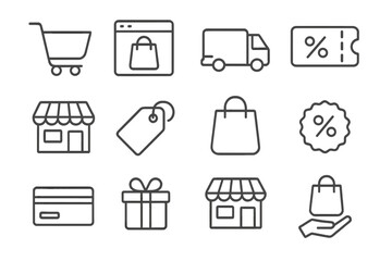 Shopping and e-commerce line icon set for online store and retail. Vector graphic collection includes cart, delivery, coupon, discount, credit card, gift and purchase symbols.