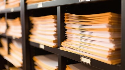 Stacks of documents and files neatly organized on shelves in an office or archive.