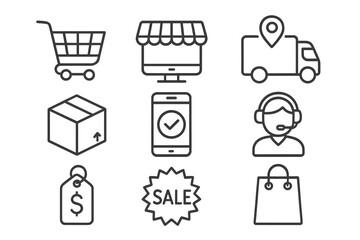 E-commerce line icon set. Online shopping, delivery, tracking, customer service icons. Price tag, sale, shopping cart, package and storefront symbols for web and mobile app.