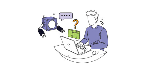 Minimal line art and flat color illustration of a man using a laptop and interacting with an chatbot assistant. Concept of artificial intelligence, online communication, customer support.