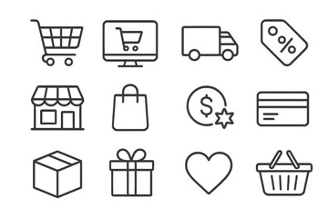 Shopping and e-commerce line icon set for web and apps. Retail business symbols. Online store, digital marketing, delivery, payment, discount, gift, credit card, shop icons.