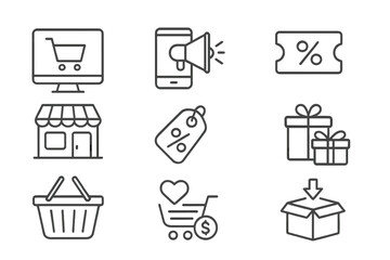 E-commerce and online shopping line icon set. Vector symbols for digital marketing, delivery, coupon, discount, storefront, gift, basket, and online store for web and app UI design.