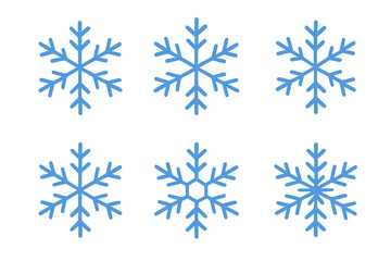 Set of six blue snowflake vector illustrations with transparent background, decorative winter icons, seasonal symbols, winter holiday design elements, frozen snow crystal shapes