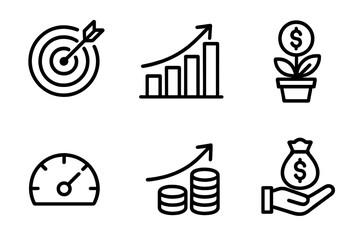 Business growth icon set in thin line style. Vector concepts for finance, investment, and success. Includes target, performance graph, profit, and revenue symbols.