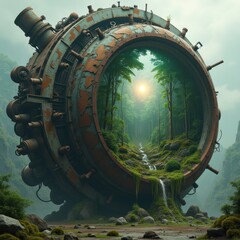 Futuristic Portal in Enchanted Forest