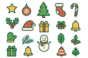 Christmas and Winter Holiday Vector Icons Set with Transparent Background, Including Tree, Snowman, Gifts, Bells, Stocking, Santa Hat, Candy Cane, and Festive Decorations
