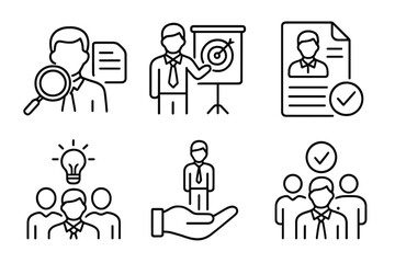 Hiring process icon collection. Line icons for human resources, recruitment, job search, work. Symbols for candidate, resume, training, interview, employee selection, and career.