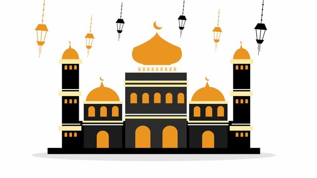Golden mosque silhouette with lanterns on white background and vector style