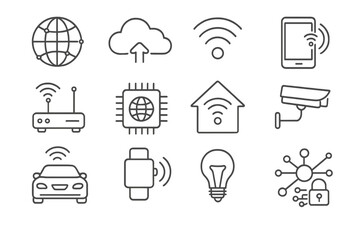 Internet of Things line icon set. Smart home technology, cloud computing, wireless network connection, data security, and communication pictogram collection. Vector symbols.