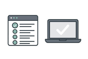 Checklist browser window and laptop with check mark icon. Task completed, to-do list, online survey, poll, or web form concept. Vote, select, and test elements for web.