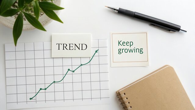Business Growth and Success Concept with Graph, Green Trend Line, Notepad, and Growth Motivation Message on Workspace - Powered by Adobe