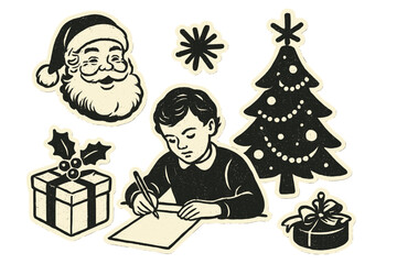 Vintage halftone Merry Christmas collage with boy writing letter to Santa, retro New Year stickers, Christmas tree, gifts, holly, festive holiday vector design with textured dots