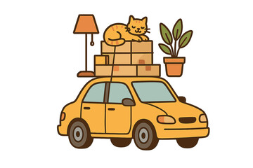 Moving home concept with small yellow car loaded with stacked cardboard boxes, plant, lamp, and sleeping cat on roof, relocation, transport, flat vector illustration