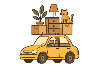 Moving home concept with small yellow car carrying boxes, furniture, lamp, plant, and cat on the roof, packed for relocation, moving house, transport, packing vector illustration