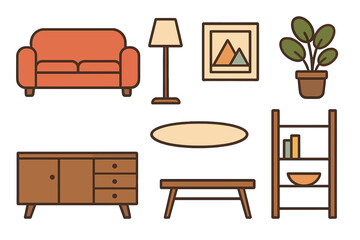 Modern flat design icon set of living room furniture and decor. Vector illustration collection of home furnishings like sofa, lamp, table, shelf, and plant for interior design.
