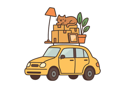 Moving house concept with small yellow car carrying packed boxes, furniture, lamp, cat, and potted plant on the roof, relocation, transport, household move, vector flat design