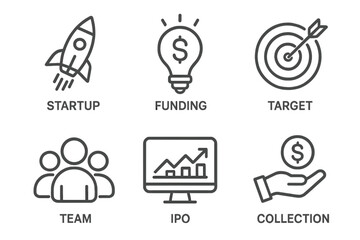 Product development icon set. Line style web icons for business startup, funding, investment, IPO, financial target. Teamwork and money collection vector symbols collection.
