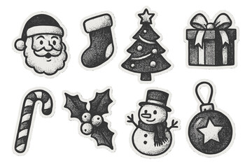 Retro Christmas stickers set with stippling halftone photocopy effect, vintage holiday zine elements for social media, festive New Year greetings, monochrome vector design