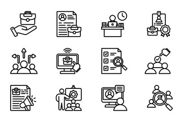 Recruitment employee icon set on white background. Symbol of employee, office worker, interview, job seeker, cv, training, candidate, and career choice. Set outline icons of recruitment
