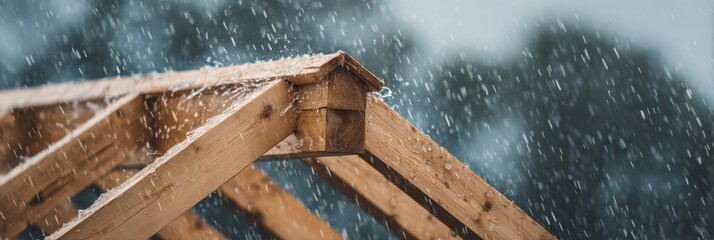 Raindrops fall strongly from a wooden roof, showcasing the heavy rainfall and blurred background of trees during an overcast day.