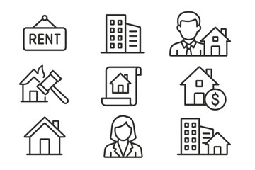 Real estate icon set in thin line style. Vector collection of property symbols for web and app design. Rent sign, building, agent, house auction, mortgage, home, realtor icons.