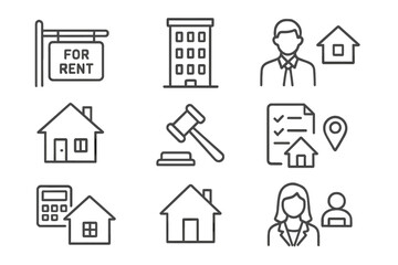 Real estate agency line icon set. Realtor services for property sale and rent. Vector symbols for house, building, auction, mortgage, contract, agent, and home location.