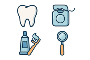 Dental care icons set. Tooth, dental floss, toothpaste with toothbrush, dental mirror. Oral hygiene symbols. Vector cartoon illustration with transparent background. Medical and healthcare concept.