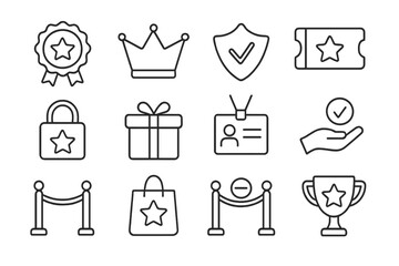 Collection of premium reward and membership icons including crown, badge, ticket, gift, security, and trophy line vectors in minimalistic style for business and marketing design