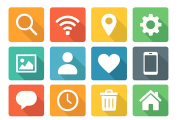 Colorful Flat Vector Icons Set with Transparent Background, Including Search, WiFi, Location, Settings, Gallery, User, Heart, Mobile, Chat, Clock, Trash, and Home Symbols for UI and Web Design