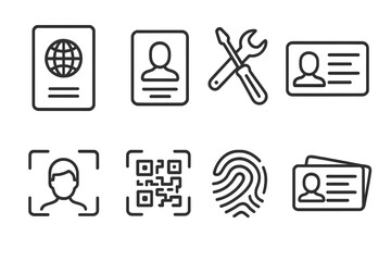 ID and verification line icon set. Personal data, security, and access control symbols. Passport, face ID, fingerprint, and QR code for authentication. Vector collection.