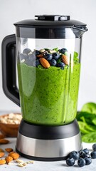 Green smoothie with almonds and berries in a blender